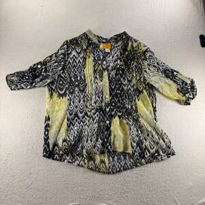 Ruby Rd Petite Button Up Top Womens PXL Black Yellow Ikat Print Exc Short Slv